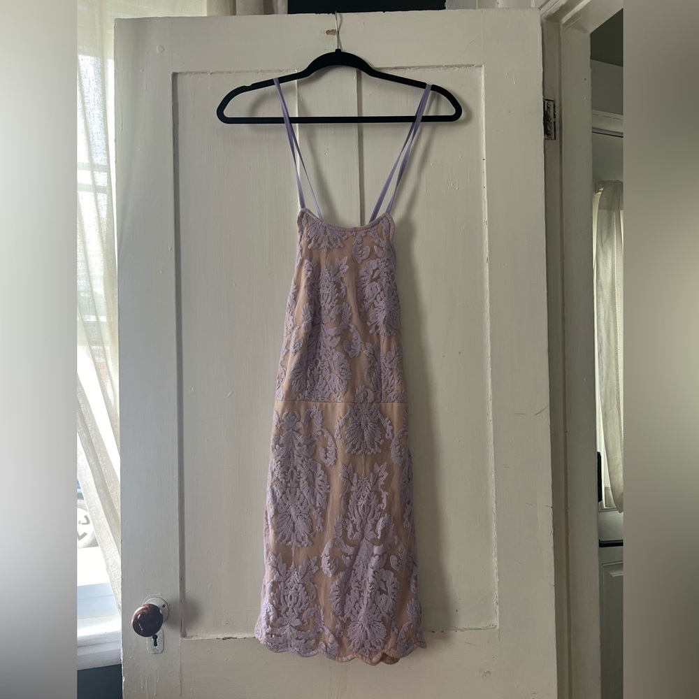 Hello Molly Lilac Purple Lace Scallop Edge Strappy Back Mini Dress Sz Medium